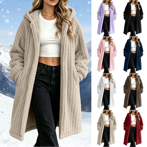 Women's Thick Sherpa Fleece Hooded Long Coat Oversized Cozy Warm Cardigan Jacket with Pocket Casual Fashion Winter Outer Clothing White