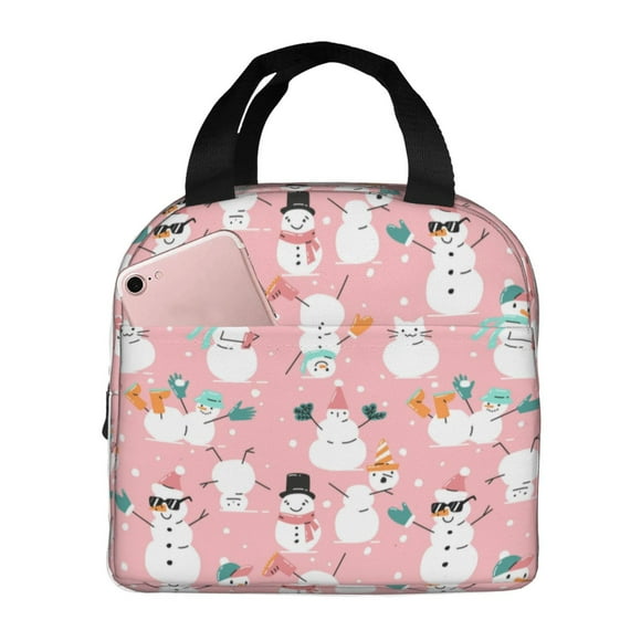 Easygdp Cute Pink Snowman Cat Bolsa Térmica Premium - Tela Oxford Impermeable, Gran Capacidad, Bolsillo Frontal, Unisex para Trabajo, Escuela, Actividades al Aire Libre y Picnics