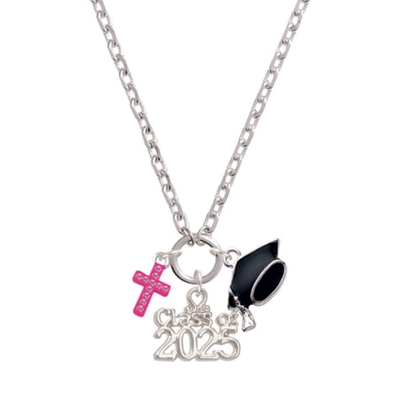 Delight Jewelry Silver-tone Small Hot Pink Crystal Cross - Silver-tone Class of 2025 Graduation Zoey Necklace, 28"