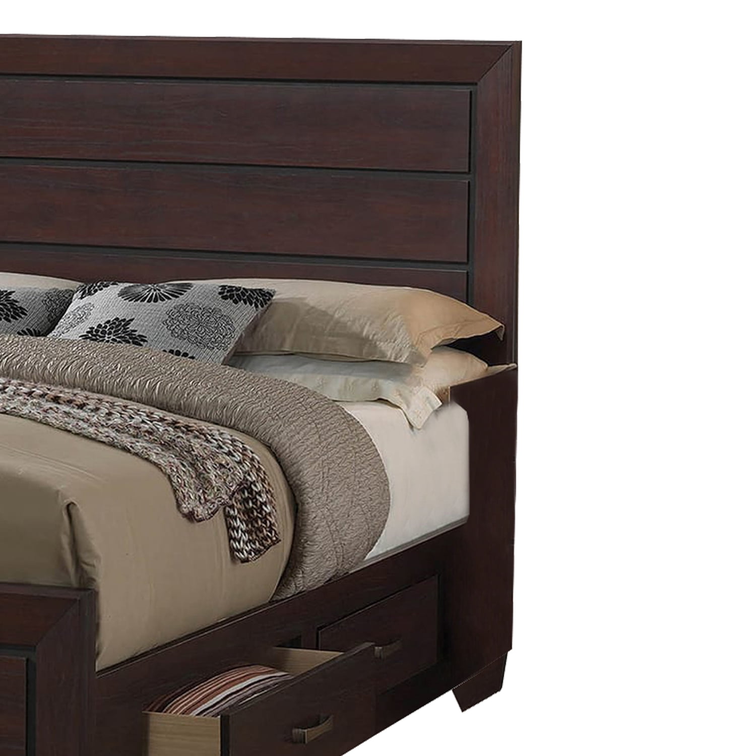 Benjara Wooden Queen Size Bed with 4 Spacious Side Rail Drawers, Dark Brown