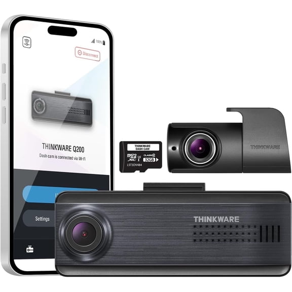 THINKWARE Q200 2CH Front & Rear Dash Cam Car Dashboard Camera, WiFi, WDR, Speed Red Light Alerts, ADAS, 256GB Max, Parking Monitor, Night Vision (32GB MicroSD, 12V Cigar, Hardwiring Cable)