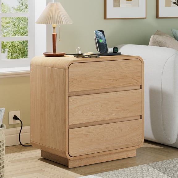 Hommpa Modern 3 Drawers Nightstand with Charging Station, 22.8" Wide Curved Wood Bedside Table with Drawers for Bedroom, Large End Side Table for Living Room, Natural Oak