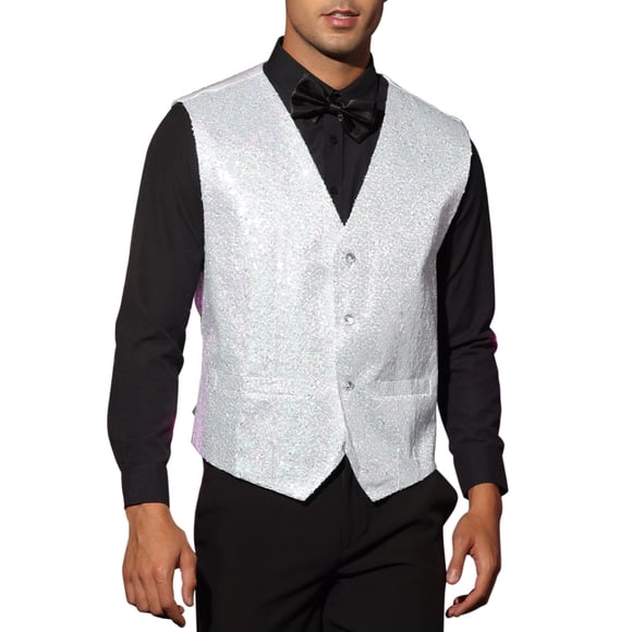 Chaleco de lentejuelas INSPIRE CHIC sin mangas para hombre, con cuello en V, estilo disco, color blanco