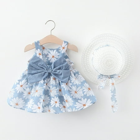 Loyisvidion Baby Girls Dress Clearance Toddler Baby Kids Girls Floral Flowers Princess Dress Hat Outfits Clothes Light Blue 18-24 Months
