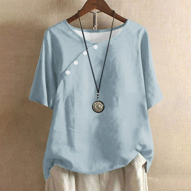 Meichang Linen Shirts for Women Button Up Crew Neck T Shirts Solid Color Cotton Linen Tops Plus Size Short Sleeve Tees Lightweight Summer Tops
