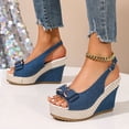 thumbnail image 3 of Rokment Women's Denim Bow Platform Wedge Dressy Sandals 2026 Summer Fashion Casual Canvas Espadrilles Chunky High Heels Slingback Dress Sandals for Ladies Blue Size 7.5, 3 of 7