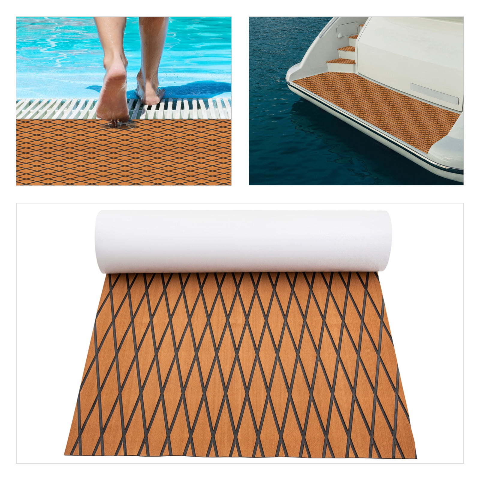 ToppiJoy 94*35in EVA Boat Flooring Foam, Rhombic Pattern Non-Slip Grip Mat Supports Free Cutting, Self-Adhesive Flooring for Motorboat RV Yacht Kayak Swim Platform(Brown+Black)