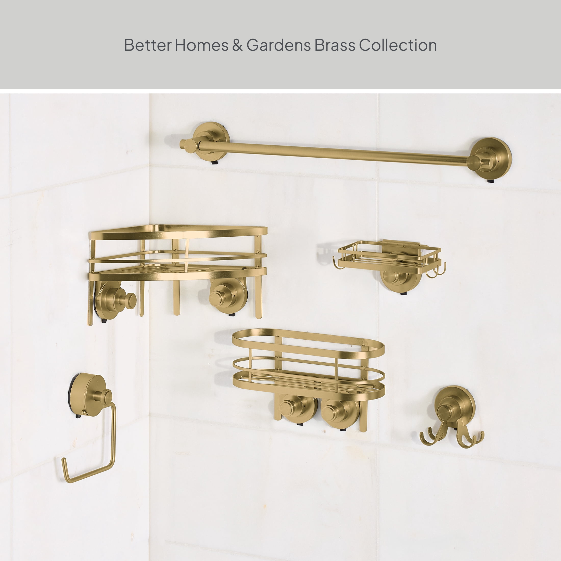Better Homes & Gardens StyleGrip Suction Mount Shower Caddy with Hooks, Brass