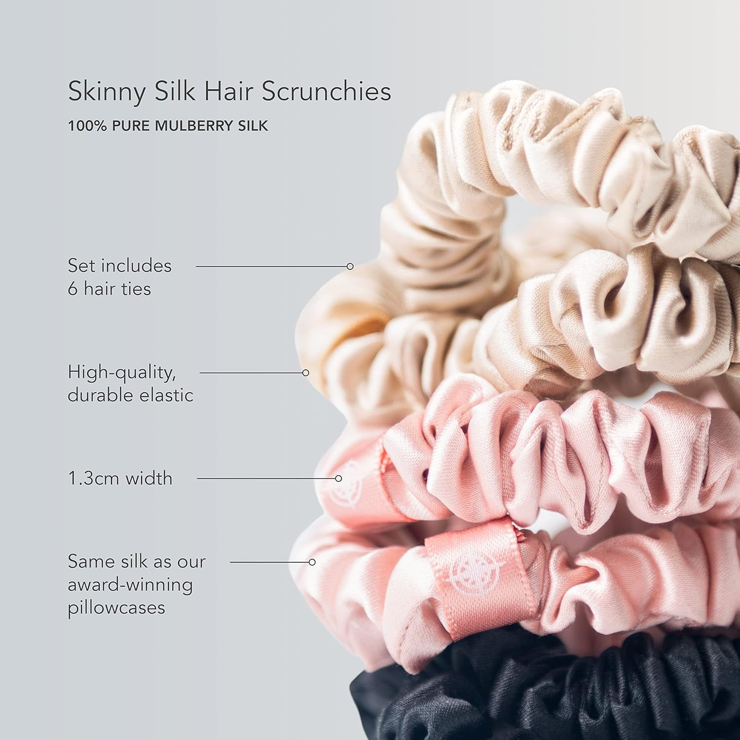 Fishers Finery Skinny Silk Scrunchies - 25 Momme Pure Mulberry Silk Hair Tie Set Prevents Breakage and Frizz (Taupe|Chocolate|Black- 6 Pk)