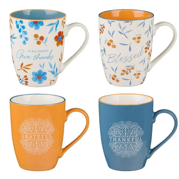 Christian Art Gifts Floral Ceramic Coffee and Tea Mug Set: In All Things Give Thanks: Thankful, Grateful, Blessed Novelty Mug Set with Scripture - Set of Four 12 oz. Cups, Blue/Orange/White Floral