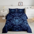 thumbnail image 6 of Adults Teal Damask Bedding Set Antique Victorian Baroque Comforter Set Full Size,Gothic Vintage Floral Quilt Exotic Sugar Skull Duvet Insert,Gothic Bone Skeleton Bohemian Decor,Blue, 6 of 7