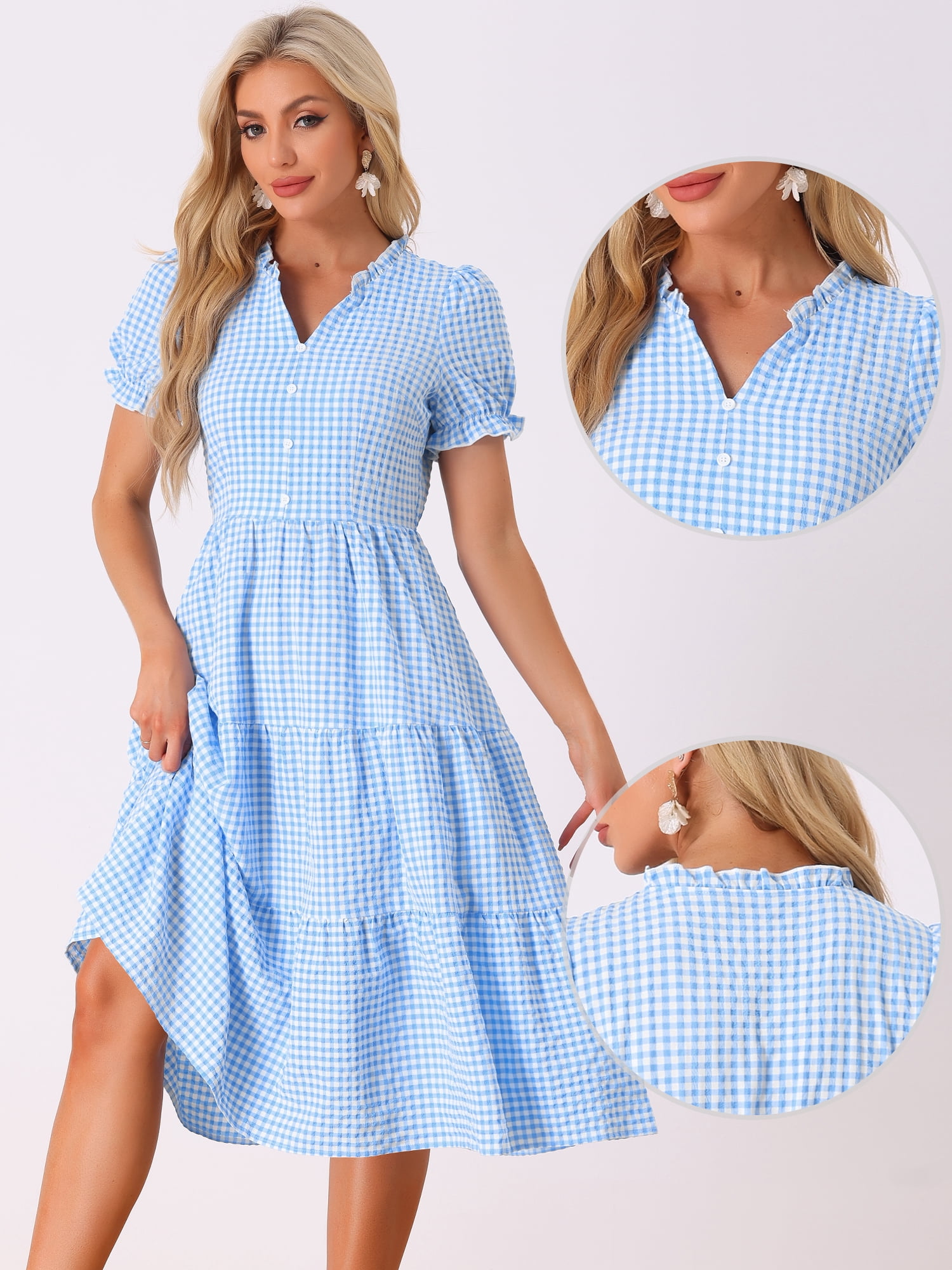 DARING DIVA Women's Gingham Summer Ruffle Trim V Neck Button Decor Dresses XS Blue