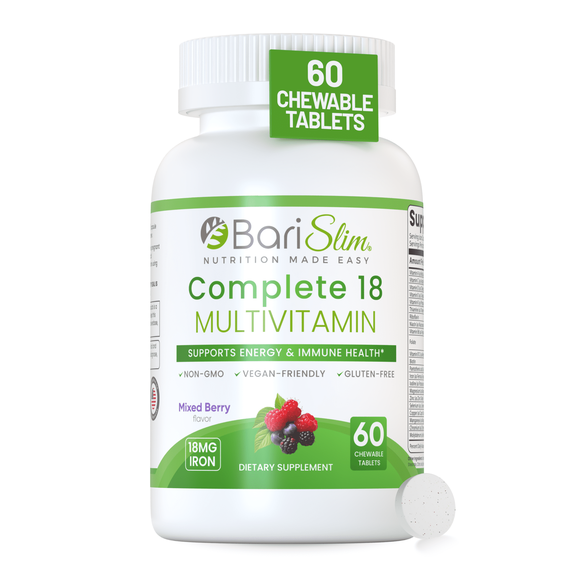 BariSlim Complete 18 Multivitamin Tablets, Energy Support, Mixed Berry Flavor, 60 Count, Adult