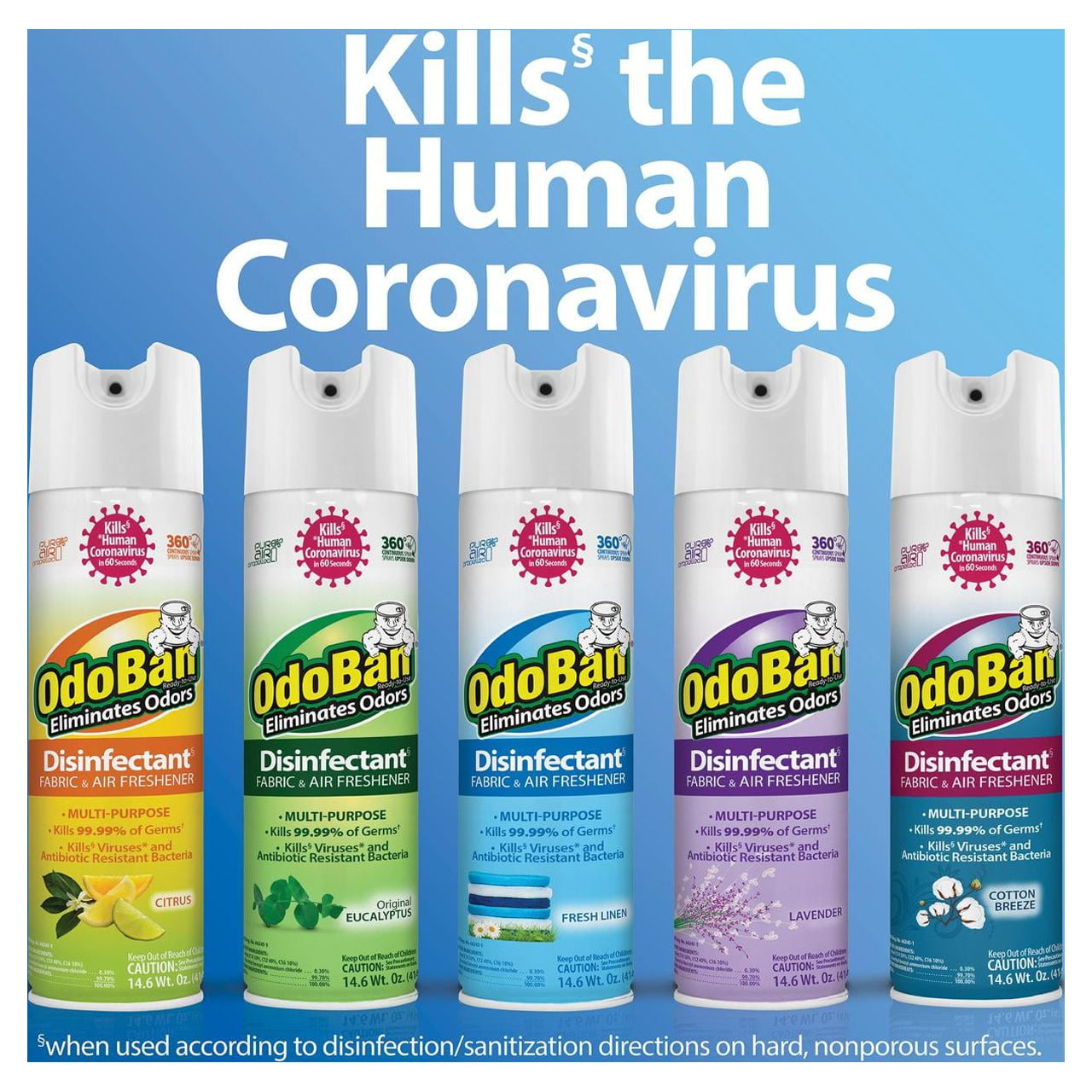 OdoBan Ready-to-Use 360-Degree Continuous Spray Disinfectant Cleaner and Odor Eliminator, Fabric and Air Freshener, 6 Pack, 14.6 Ounces Each, Fresh Linen Scent