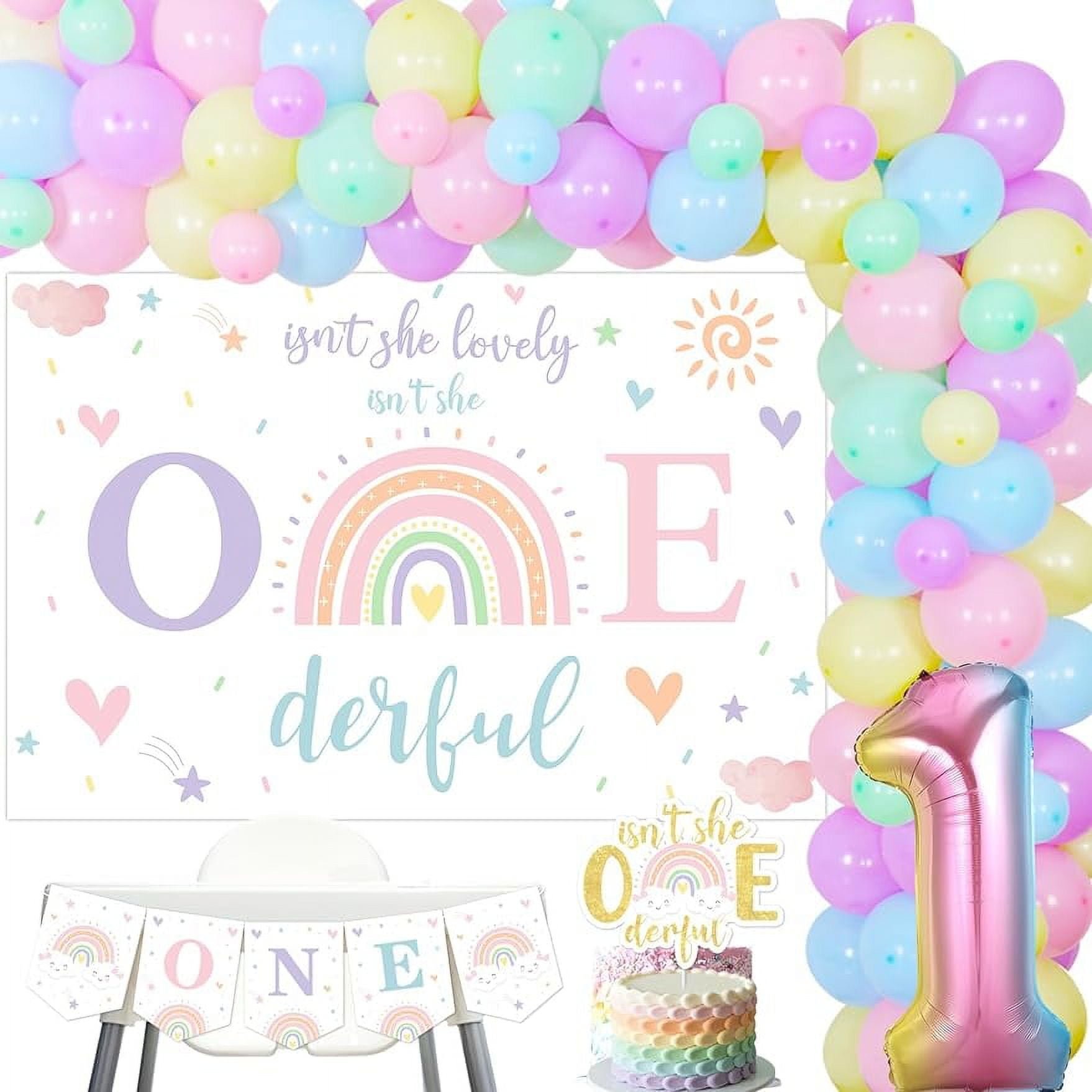 SpecialYou Rainbow Birthday Decoration Kit - Backdrop, Pastel Balloons, Gold Banner, Butterflies (95 Items)