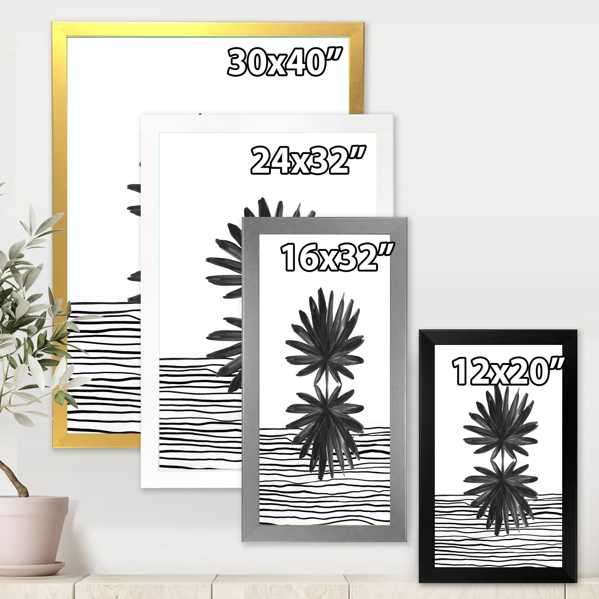 Designart 'Black and White Striped Under Tropical Leaf II' Modern Framed Art Print