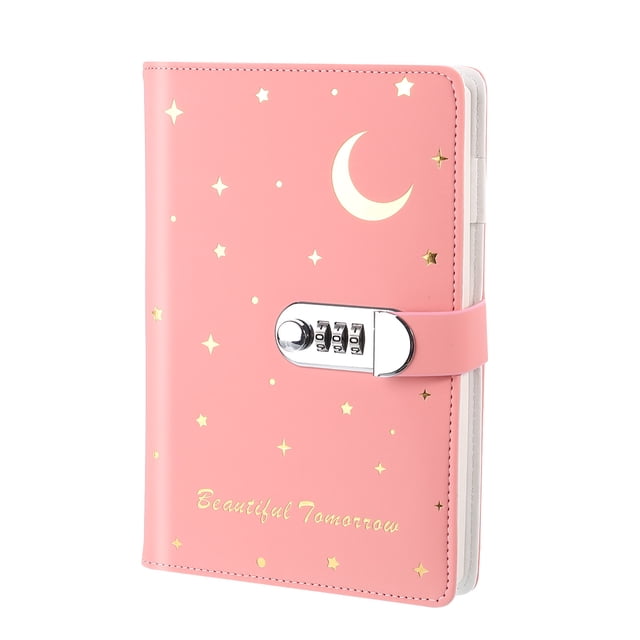 Unique Bargains A5 Diary with Lock, Journal with Lock Cute Journaling Leather Notebook Journal Stars Moon Diary, Pink