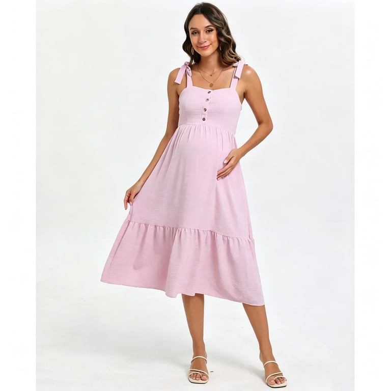 pink bow maternity dress Summer Mae Tie Neck Midi flowy silhouette that flatters your changing shape Pink Maternity Dresses | Nordstrom