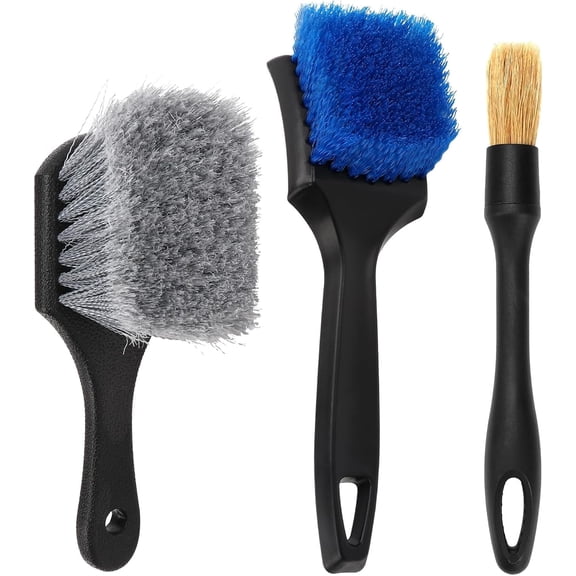Deally 3-Piece Tire Brush Set for Car Detailing - Professional Tire Cleaning Brushes with Soft/Stiff/Boar Bristle for Wheels, Rims & Interior