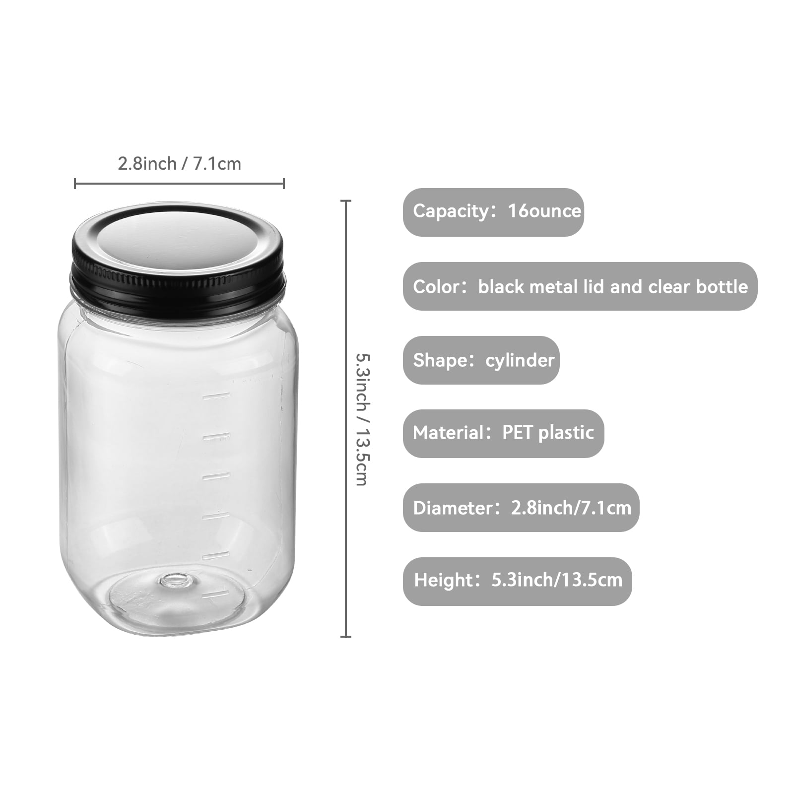 Novelinks 16 Ounce Clear Plastic Jars with Black Lids - Refillable Round Clear &