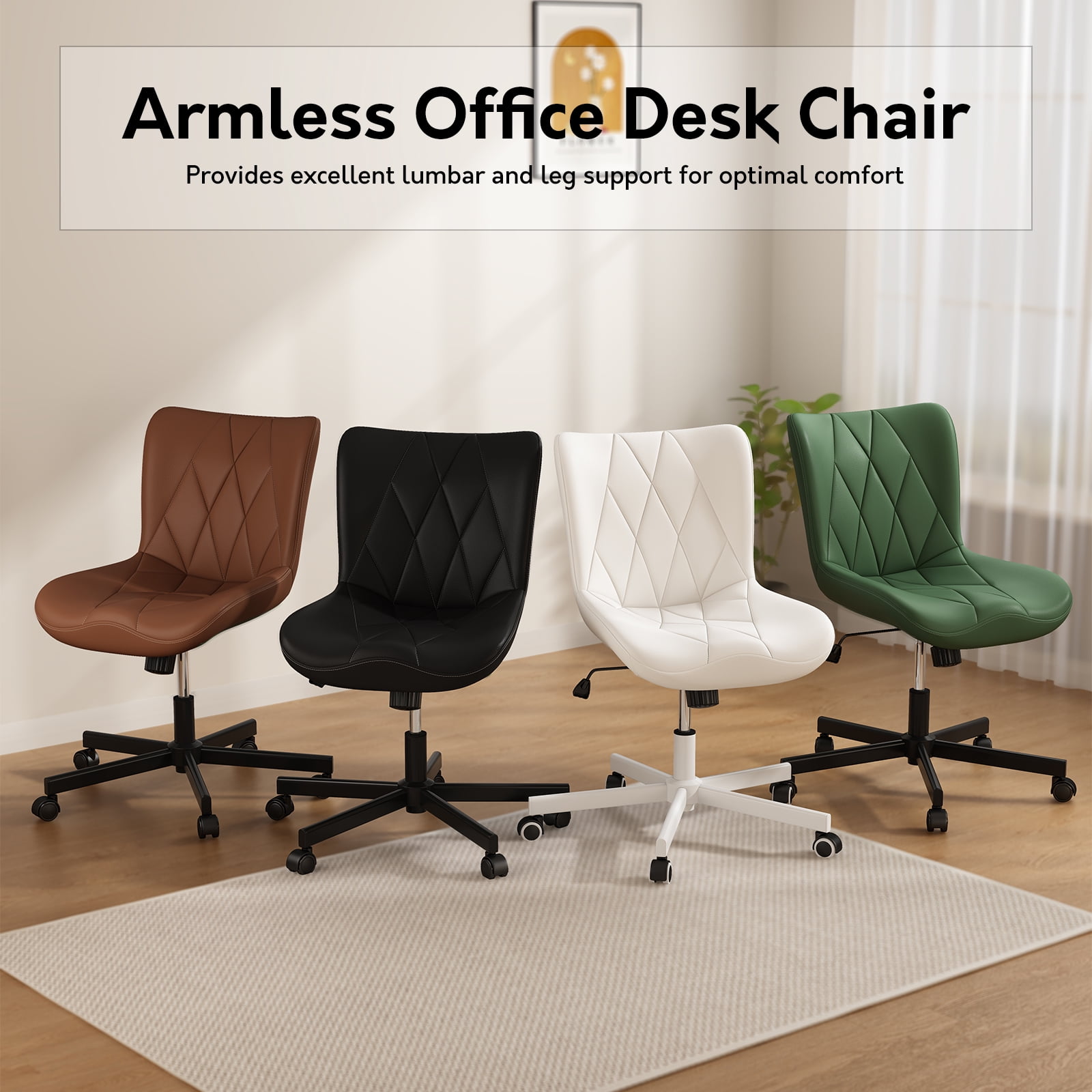 Genpo Armless Desk Chair, Brown Leather Office Desk Chairs with Wheels, Mid Back and Lumbar Support for Computer Home Small Space Vanity Makeup