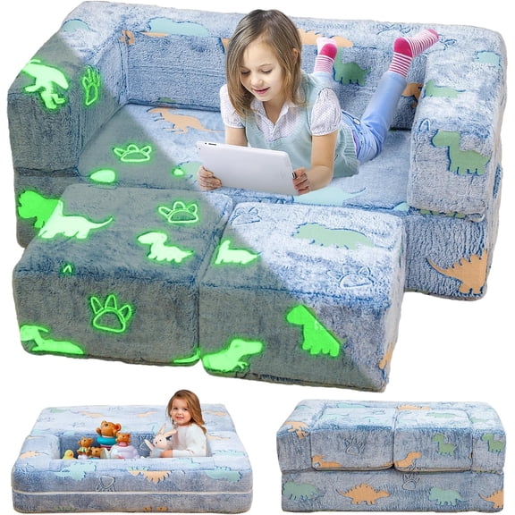 MIERES Glow in The Dark Kids Couch, Convertible Toddler Fold Out Play Sofa Bed for Bedroom, Blue Dinosaur