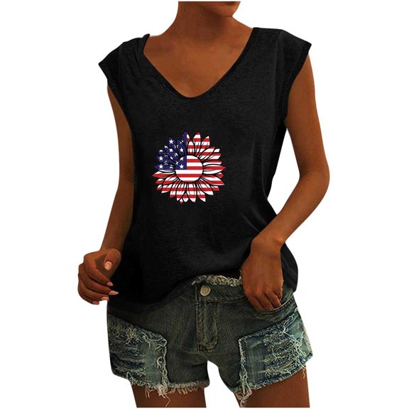 Usmisi 4th of July Tank Tops Breathable Loose Fit Patriotic Independence Day Shirts Vest Womens Fashion Sunflower Print V-Neck Sleeveless Summer Blouses Black m