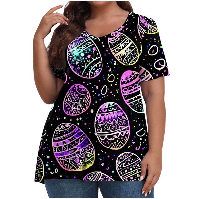 Pisexur Printemps Tops for Women 2025 Women Mode Été Imprimé Régulier Women Manches Courtes Col Rond Womens Tops Multicolore,4TG
