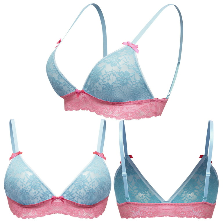 Curve Muse Women & Girls Lace Bralette With Ruffle Hem ( 4 Pack )-Cream-Hot  Pink-Blue-Black-S:32A 32B 34A