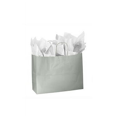 SSWBasics Large Glossy Silver Paper Shopping Bags - 16”L x 6”D x 12 ½”H - Case of