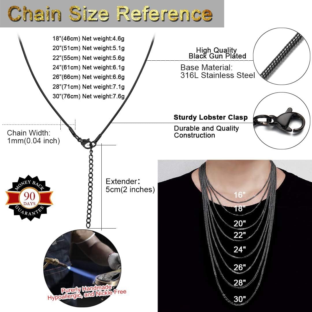 ChainsHouse 1.0mm Thin Black Snake Chain Necklaces for Women Men Silver Lobster Claw 18"-30" Jewelry Gift