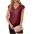 thumbnail image 2 of V Neck Sequin Short Sleeve Tops for Women Elastic Sparkly Tank Top red M, 2 of 8