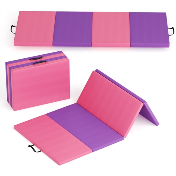 JustSmart Folding Gymnastics Mat 6ft x 2ft x 2in 4-Fold Non-Slip PU Leather Exercise Tumbling Mat for Kids Adults Home Gym, Pink-Purple