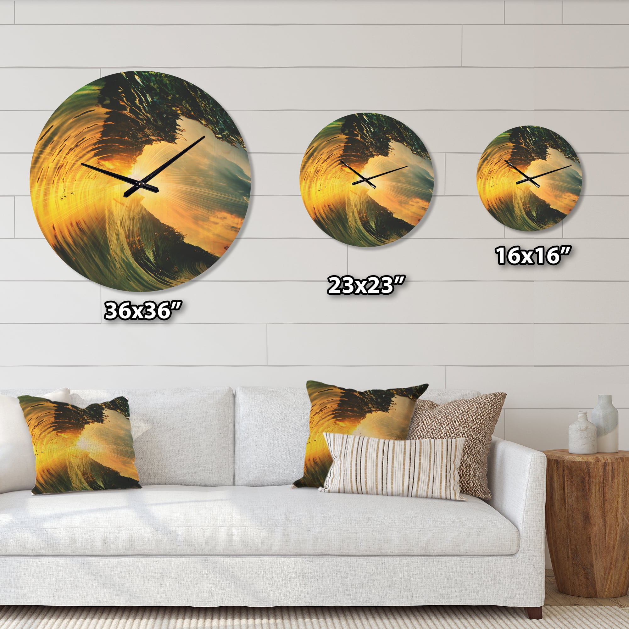 Designart 'Colored Ocean Waves Falling Down At Sunset VII' Coastal Wood Wall Clock