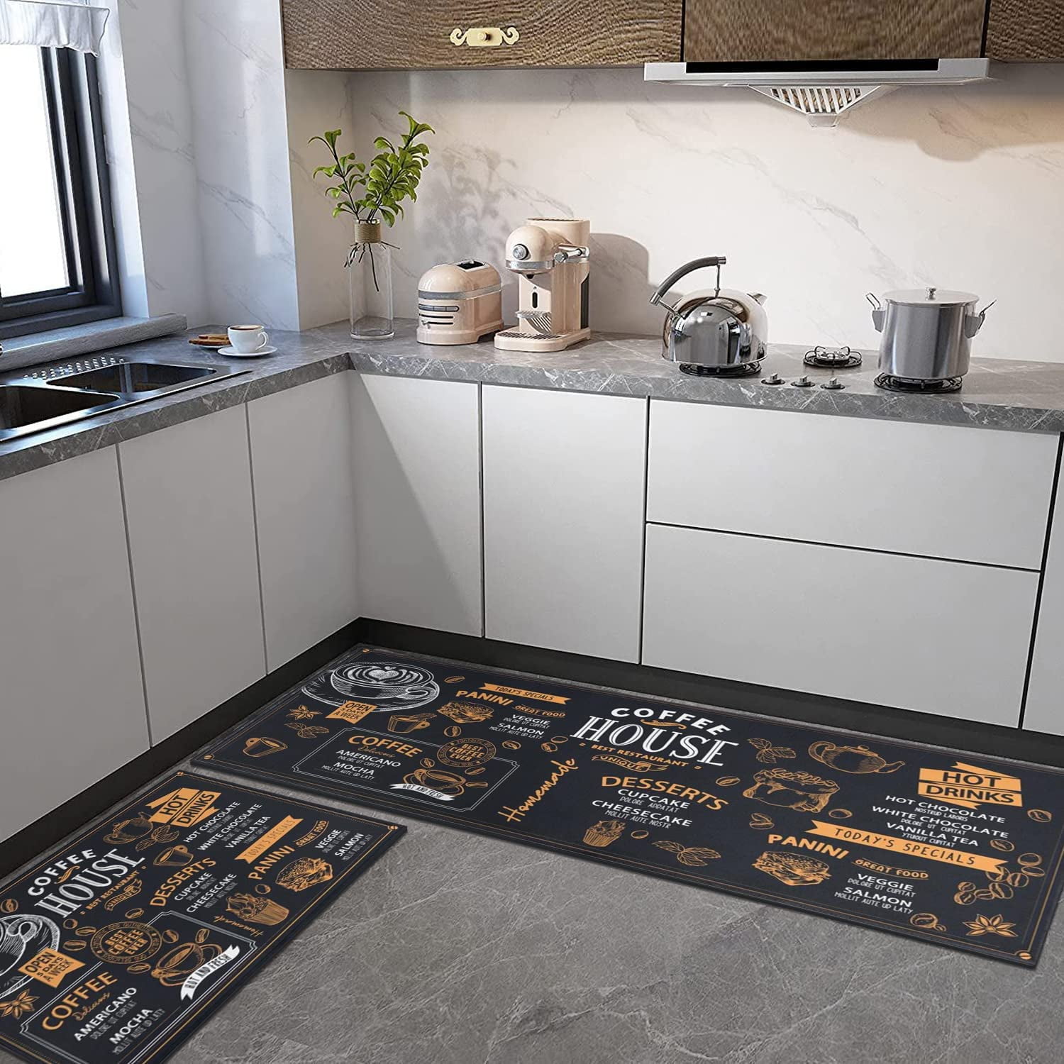 Black Coffee Theme Kitchen Rugs Set of 2,Cafe Kitchen Rugs and Mats Non Skid Washable,Black Kitchen Runner Rugs with Rubber Backing (Coffee House 17"x48"+17"x30")