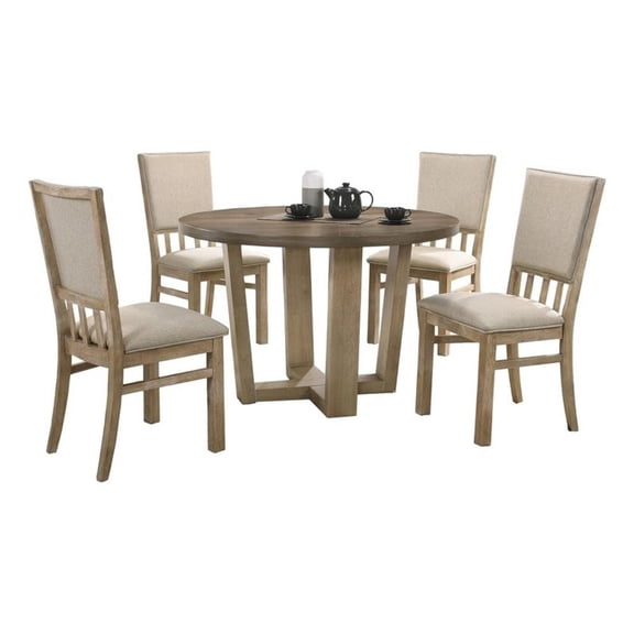 Pemberly Row Walnut 5 PC 47" Round Dining Table Set Wheat Beige Fabric Chairs