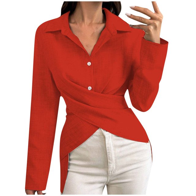 Timegard Womens Long Sleeve Tops Button Irregular Hem V Neck Shirts Casual Solid Color Dress Blouses