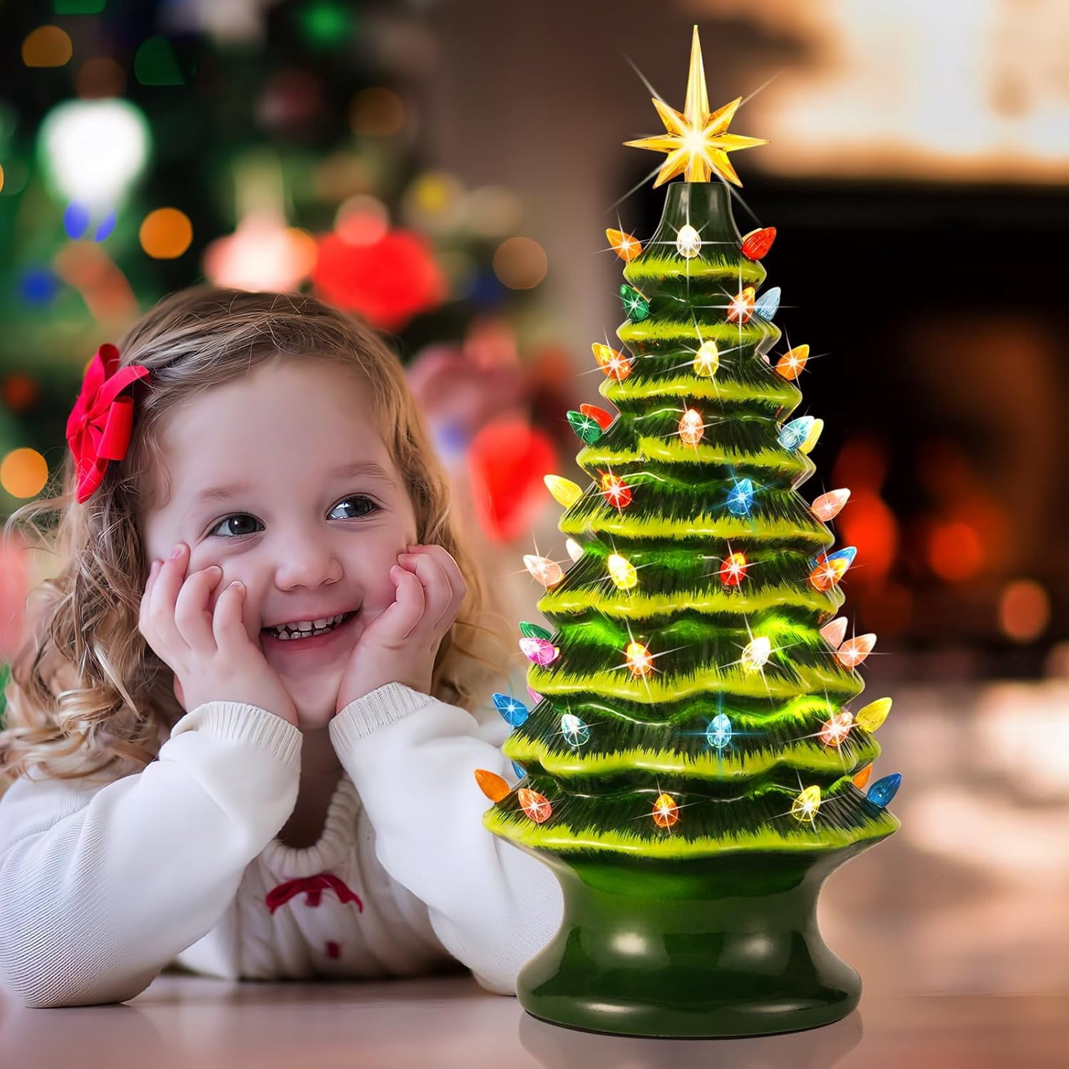 Nordic Hygge 2024 Newest 16.5" Hand Painted Resin Christmas Tree with Lights, Pre-lit Xmas Tree Decor Lighted Tabletop Decoration with Multicolored LED Bulbs, Green