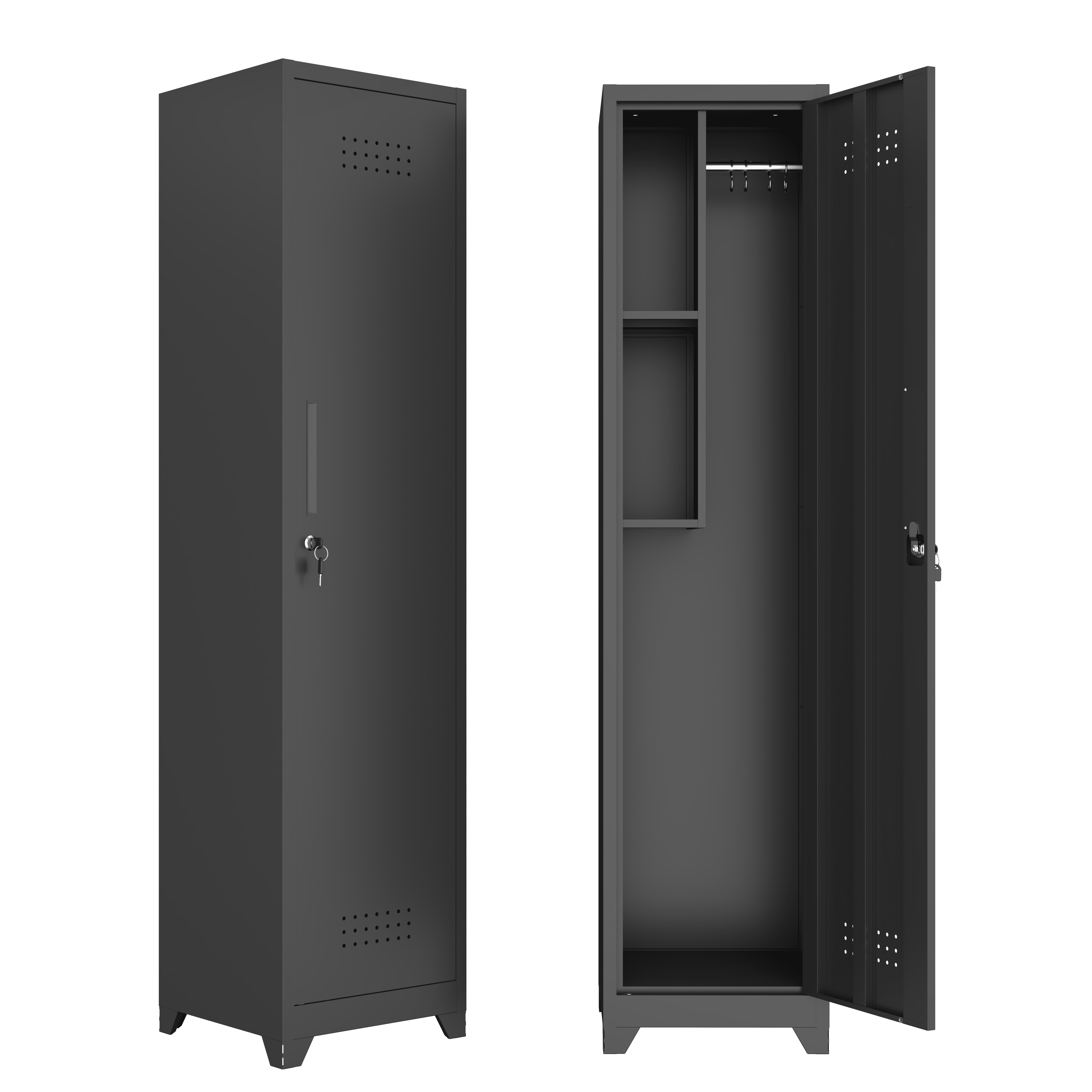 Tall Narrow Metal Storage Cabinet with Lock, 65" Slim Utility Organizer with Hanging Rod & Fixed Shelves, Ventilated Cleaning Supply Cabinet for Laundry Room, Garage, Entryway