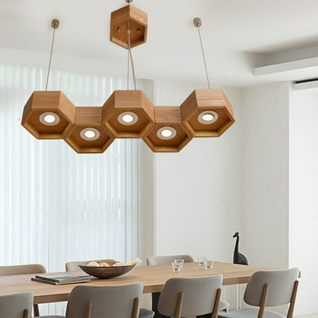 

SHZICMY 5 Heads Chandelier Wood Iron Hanging Pendant Light Fixture for Restaurants 5*15W