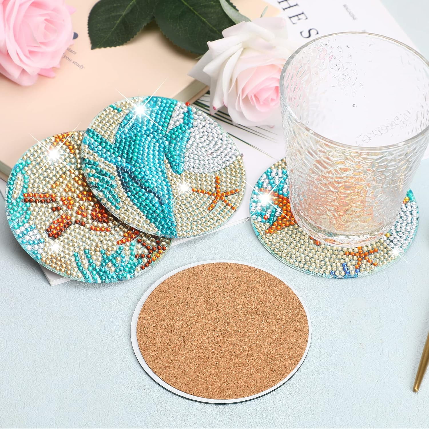 Goyunwell 8Pcs Ocean Diamond Art Painting Coasters Kits with Holder Diamond Art Non Slip Coaster Kits DIY with Holder Crafts for Adults Diamond Art Painting Kits Supplies for Christmas Gift