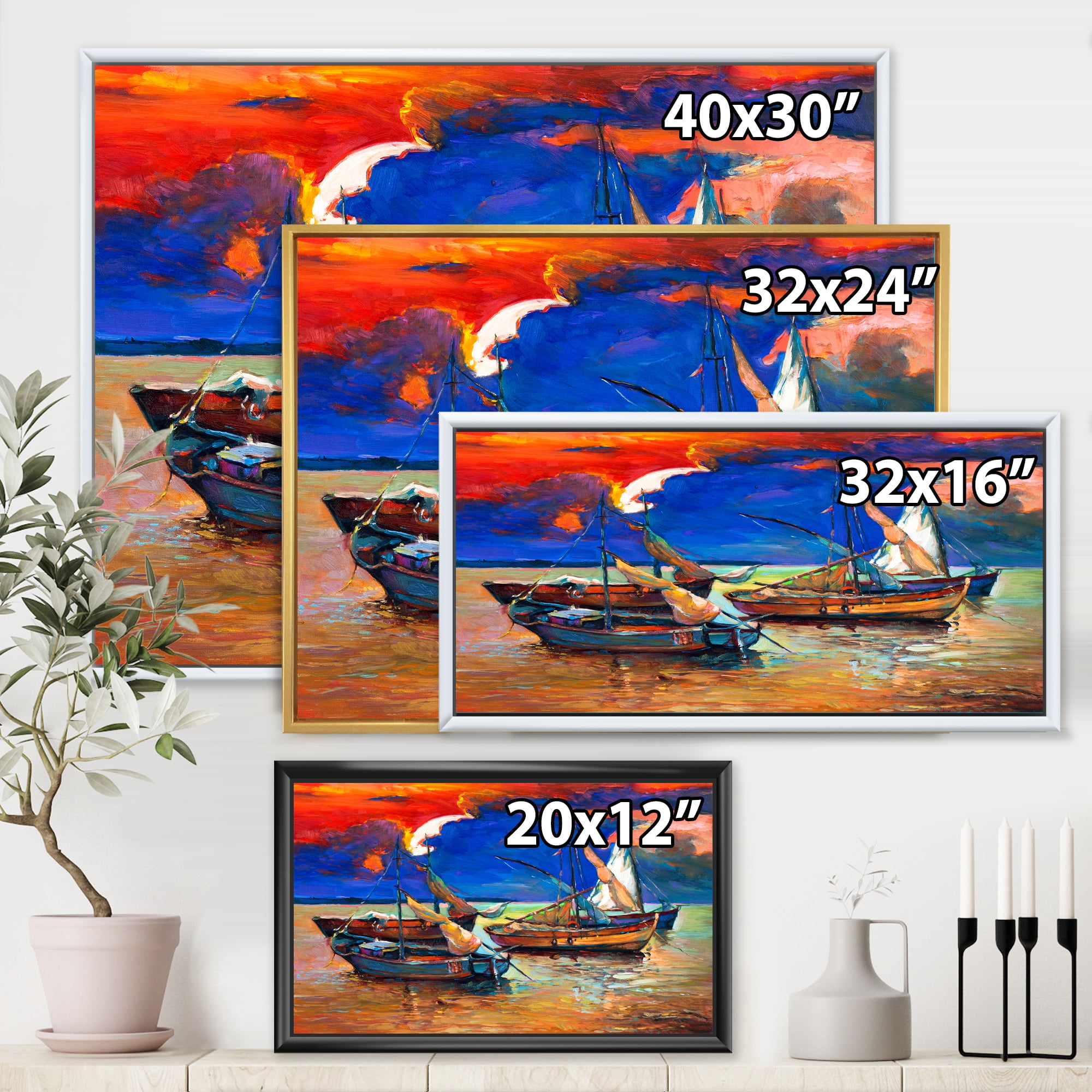 Boats On The Water With Dark Blue Sky I 32 in x 24 in Framed Painting Canvas Art Print, by Designart