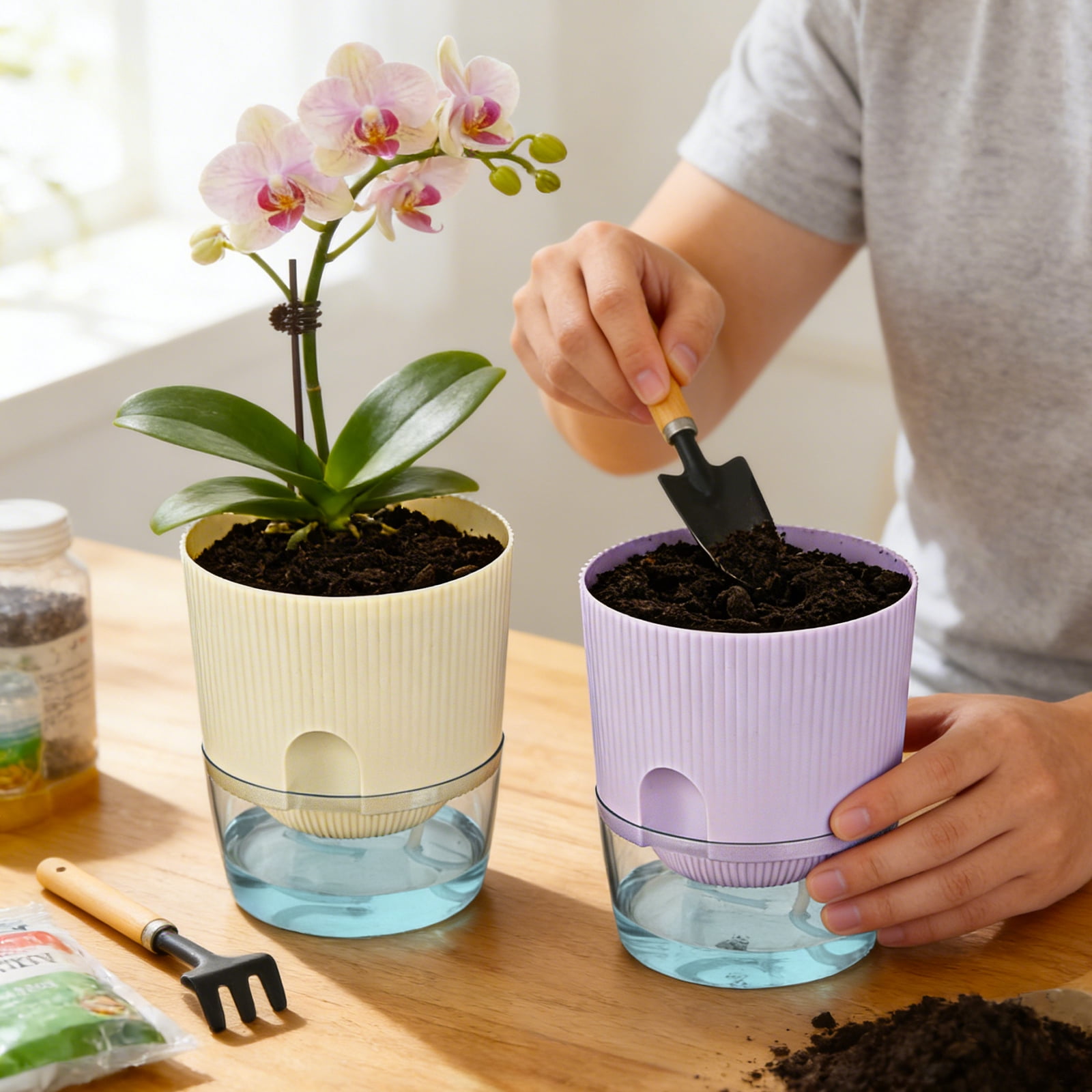 IWNTWY 5.7 inch Self Watering Planters Set of 4, Plastic Indoor Outdoor Flower Pot Plant Pots with Drainage Holes and Saucers