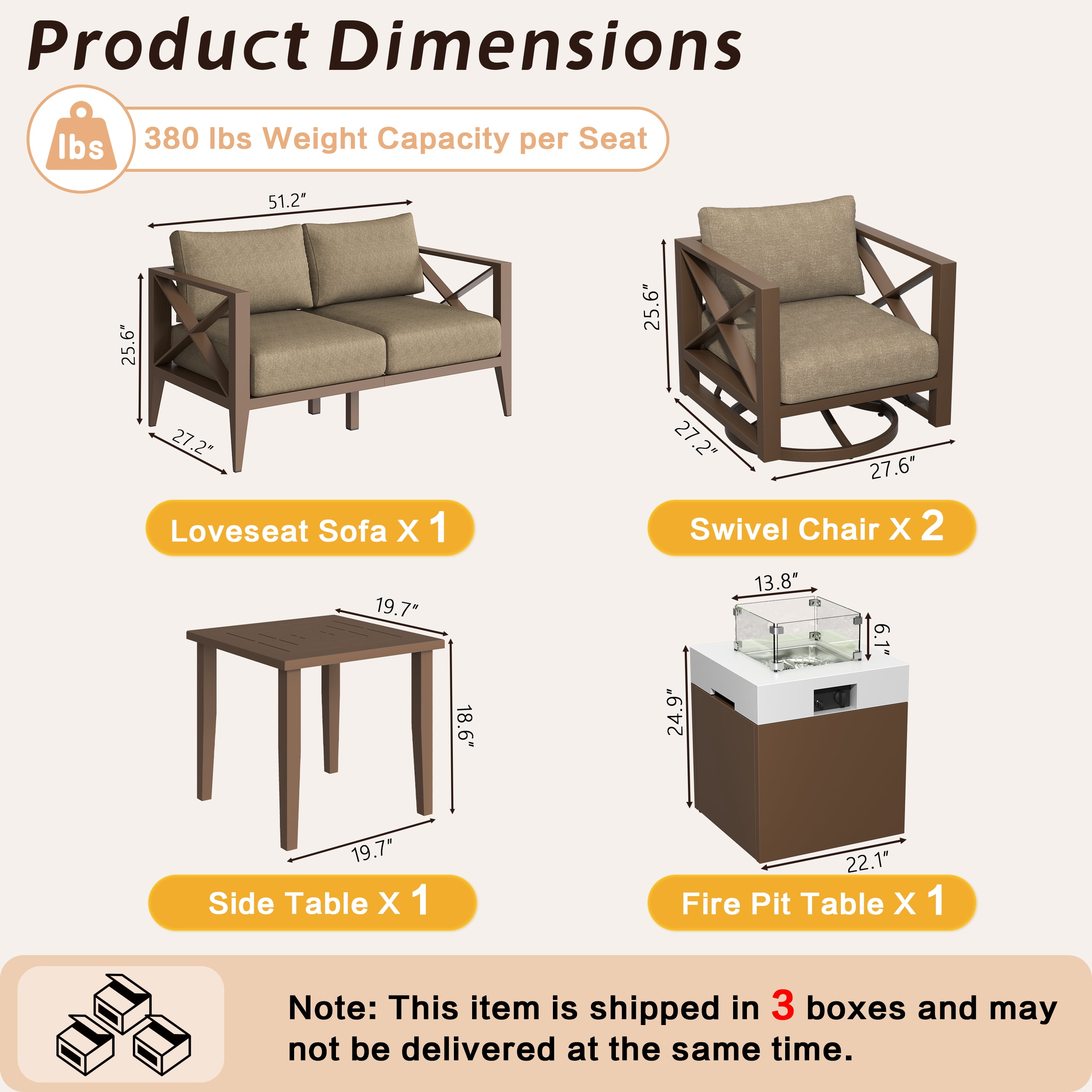 Outdoor Aluminum Patio Furniture Set, 4-Seat Conversation Sofa with Swivel Chairs & 37,000 Btu Fire Pit Table, Brown