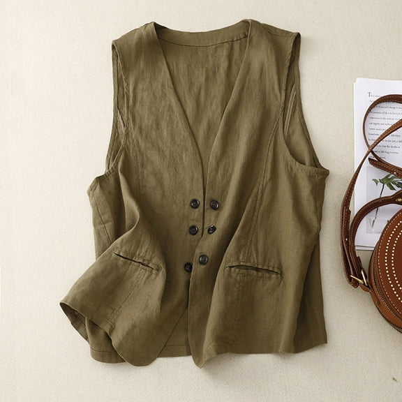 Frostluinai Women Double Breasted Waistcoat Sleeveless Cotton Linen Vest Coat V Neck Casual Blazer Vests Vintage Loose Tanks with Pocket