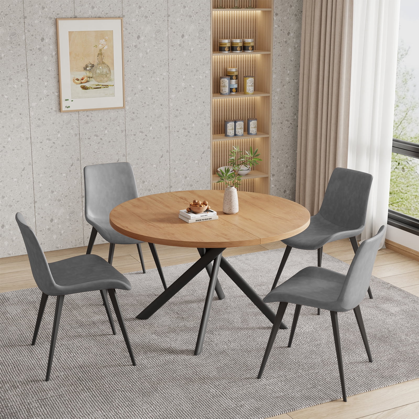 jiexi 45.3" Round Dining Table Set, Mid Century Modern Round Dining Table for 4 Person, with Steel Legs, Coffee Table for Kitchen Dining Room, Office, Save Space