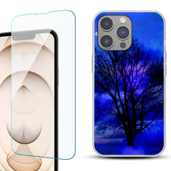 OneToughShield ® for iPhone 15 Pro Max Shockproof Fashion Phone Case, with Tempered Glass Screen Protector - Night Tree
