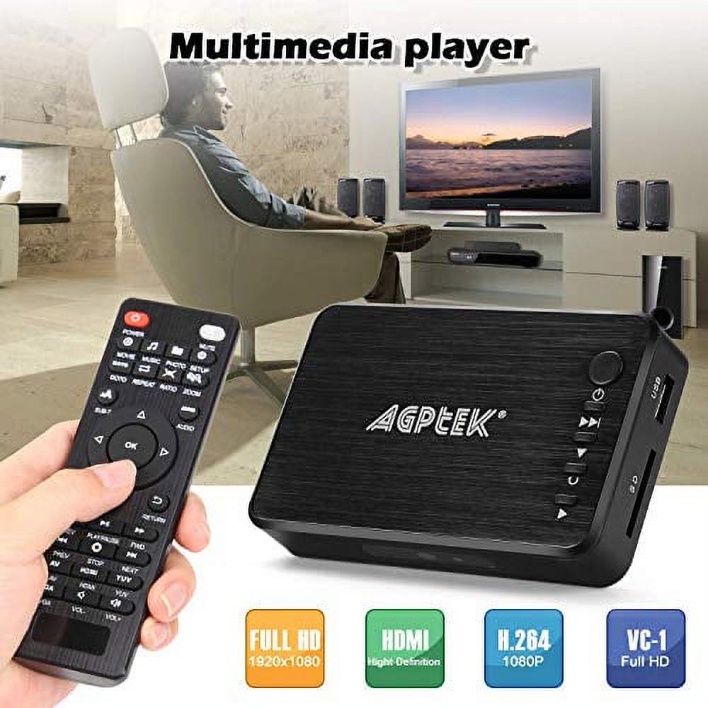 AGPTEK 1080P Media Player Read USB drive/SD card with HD HDMI/AV/VGA Output  for RMVB/ MKV /JPEG etc with Remote Control
