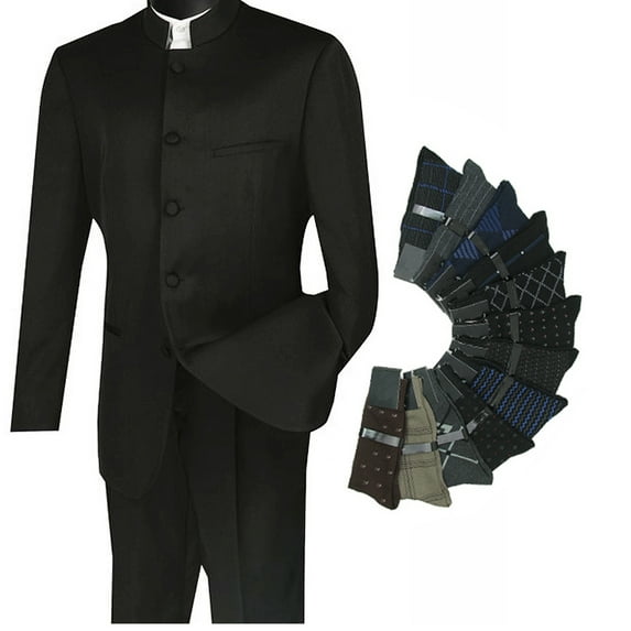 Sharp Mandarin Banded Collar Nehru Church Suit w/1 Pair Socks - Black 36R