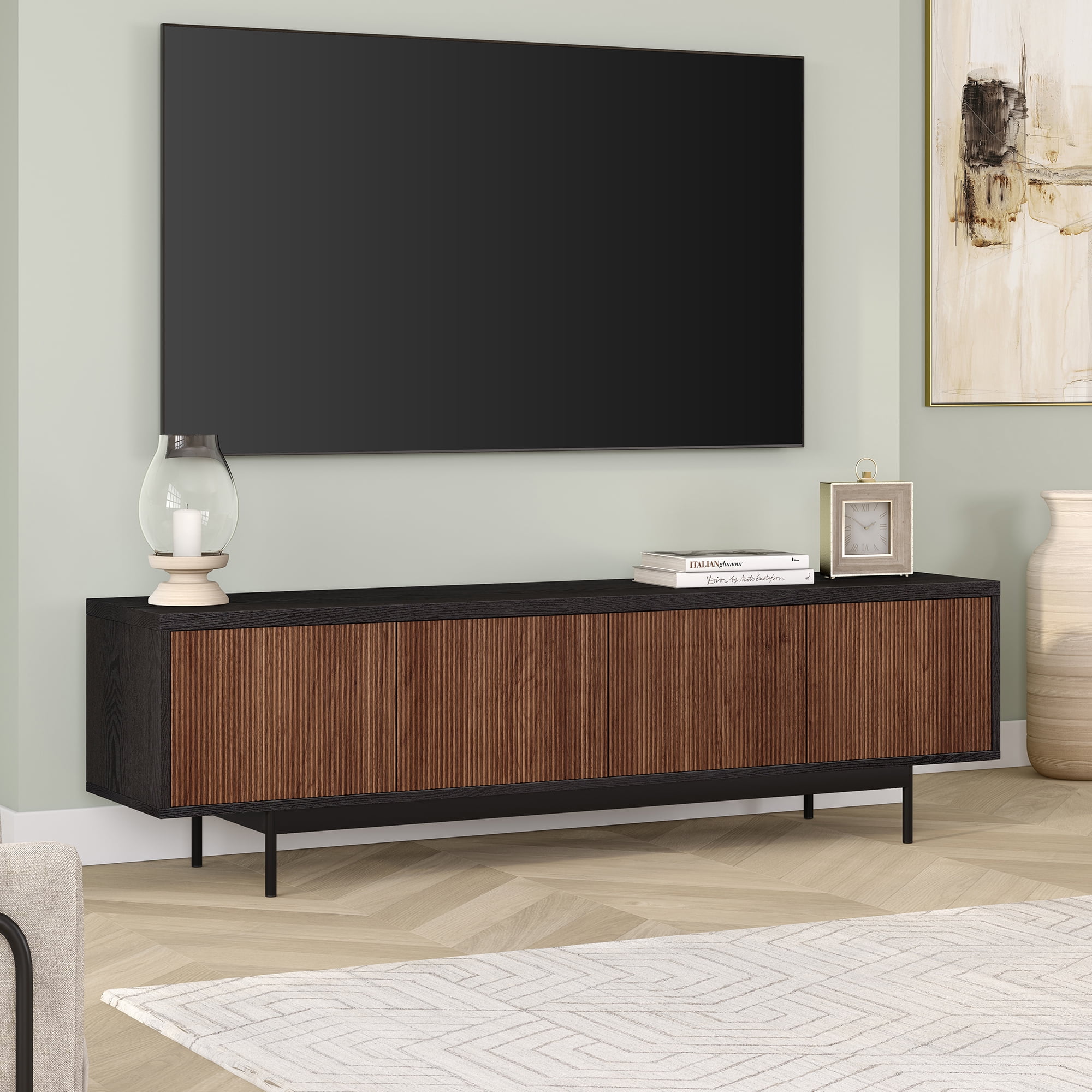 Evelyn&Zoe Whitman Transitional TV Stand For TVs up to 75", Black Grain with Satin Walnut